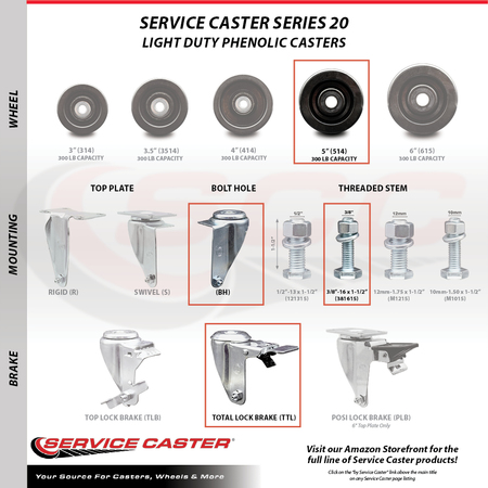 Service Caster 5 Inch Phenolic Swivel 3/8 Inch Threaded Stem Caster Set with Total Lock Brake SCC-TSTTL20S514-PHS-381615-4